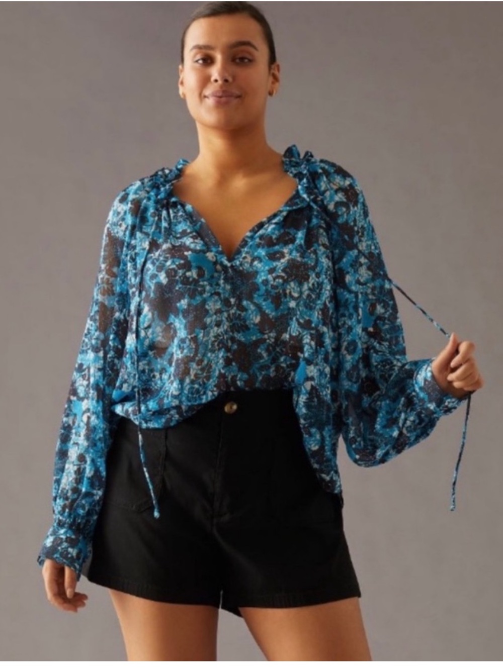 ANTHROPOLOGIE Sheer Printed Western Peasant Blouse Blue Black Floral - Picture 4 of 10